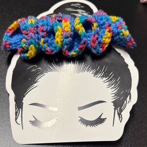 Handmade Multicolor Crochet Hair Scrunchie - Blue, Yellow & Pink